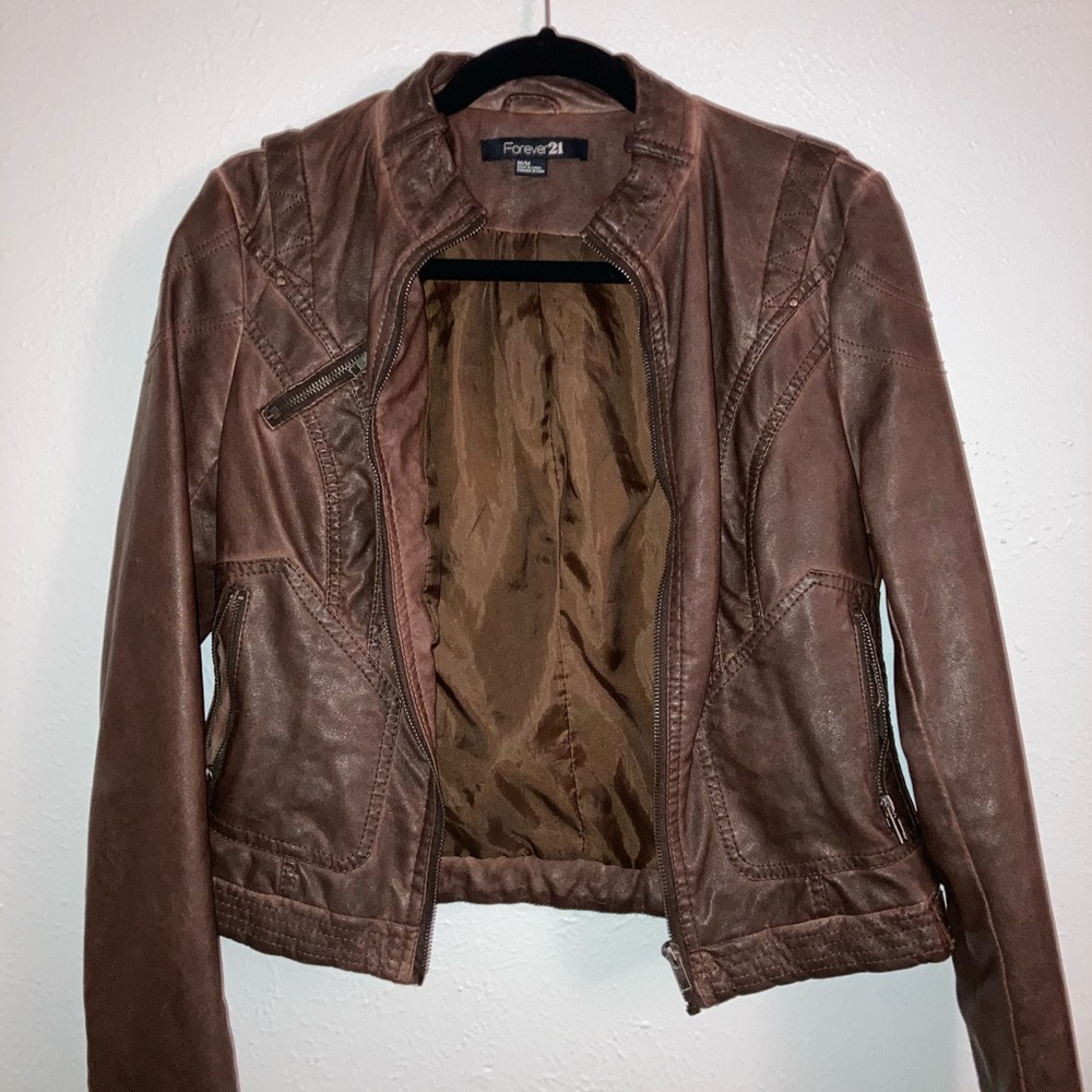 Brown faux leather moto jacket